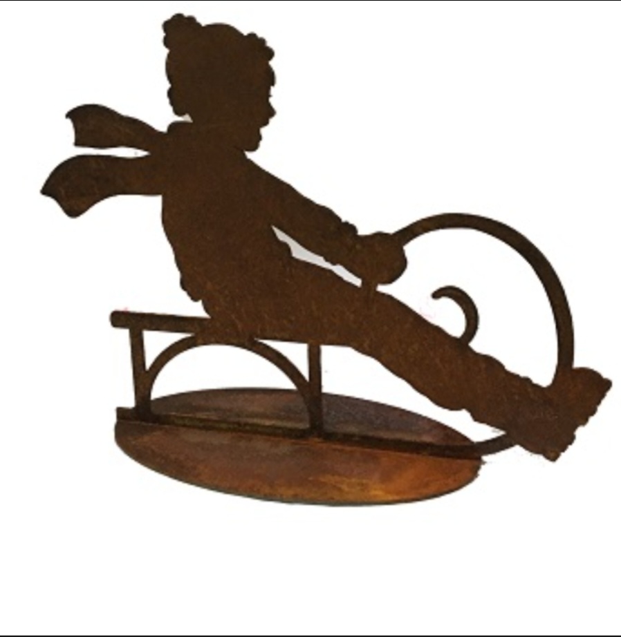 Magnolia - Country & Brocante - BIMBO CON SLITTA IN FERRO ARRUGINITO 1 BIMBO CON SLITTA IN FERRO ARRUGINITO